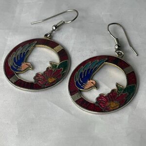 Vintage Cloisonné flying bird floral enamel dangle earrings.